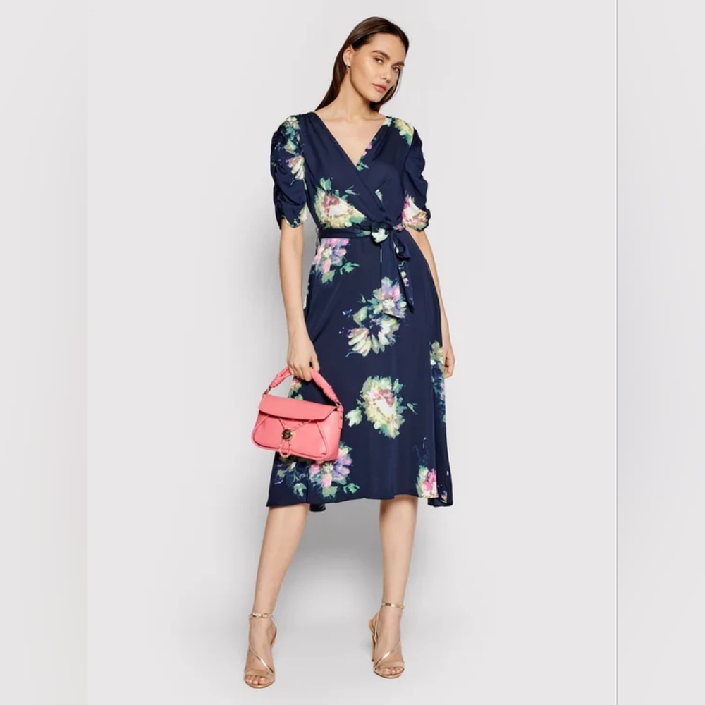 DKNY Navy Blue Surplus Floral Belted Midi Dress 12